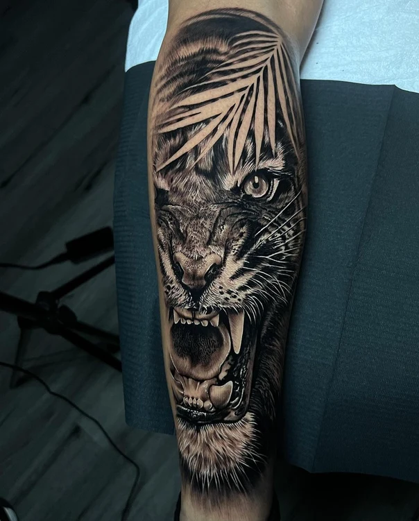 Realism Tiger, Leaf tattoo on Forearm
