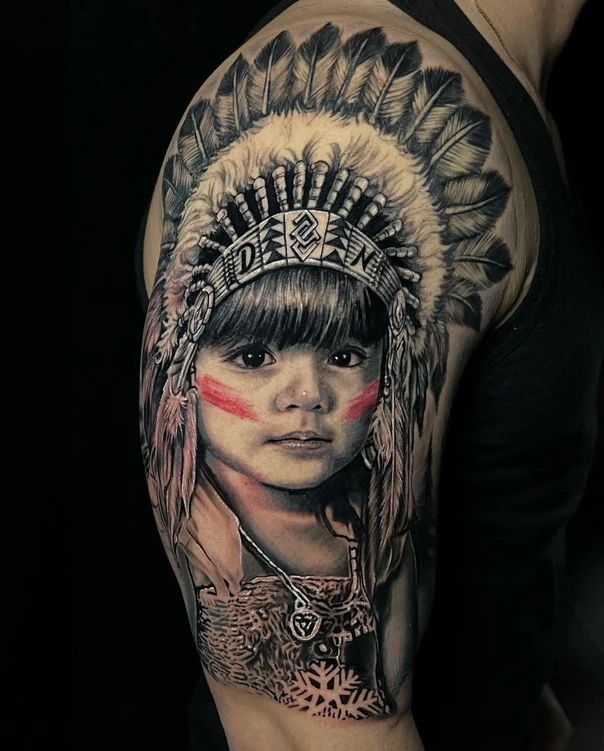 Realism Portrait, Native american tattoo on Upper Arm