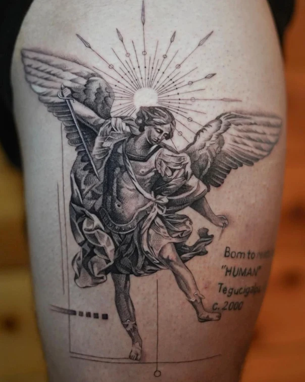 Black & Grey Angel, Wings tattoo on Thigh