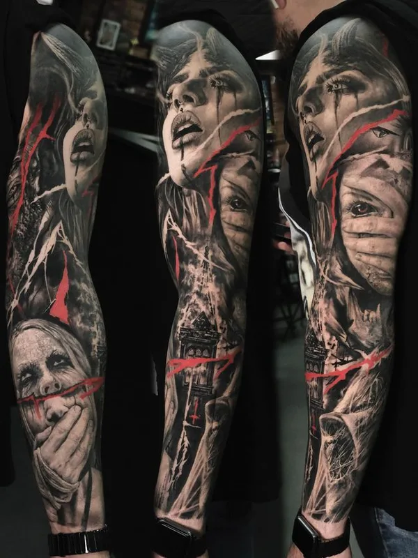 black and grey realism Tatuaggio su full sleeve #64127 | Tatuatore Тимур Румит