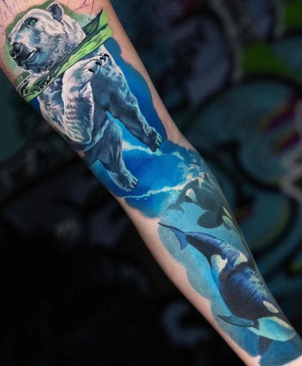 Realism Polar bear, Orca tattoo on Forearm