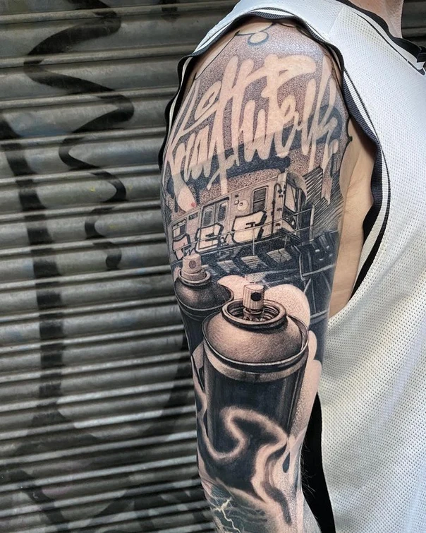 Black & Grey Spray paint, Train tattoo on Full Sleeve