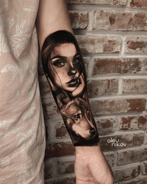 Реализм Portrait, Wolf tattoo на Предплечье