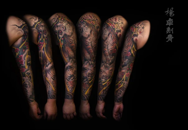Japanese Tiger, Flowers tattoo on Full Sleeve