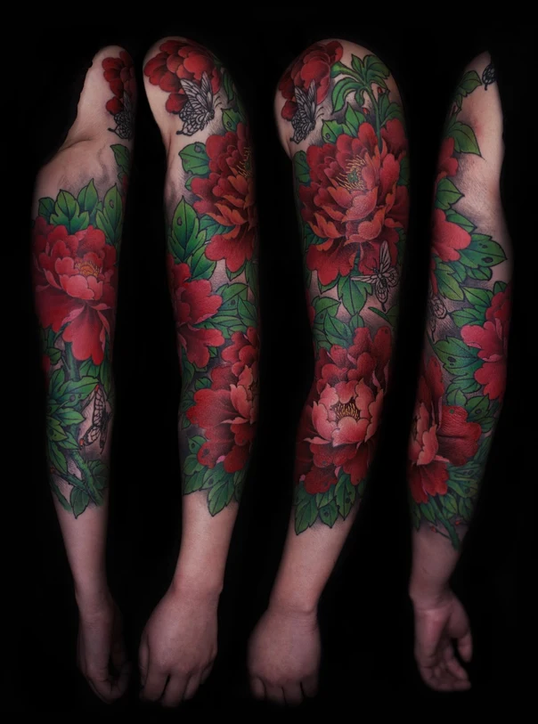 Japanese Peony, Butterfly tattoo on Full Sleeve