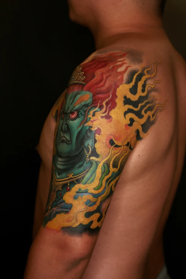 Japanese Demon, Fire tattoo on Upper Arm