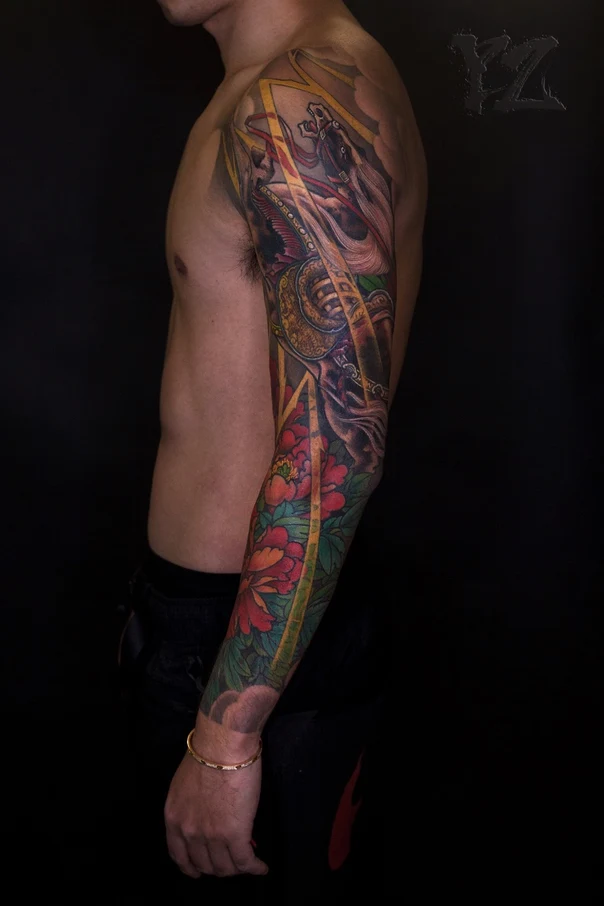 Japanese Flowers, Samurai tattoo on Full Sleeve