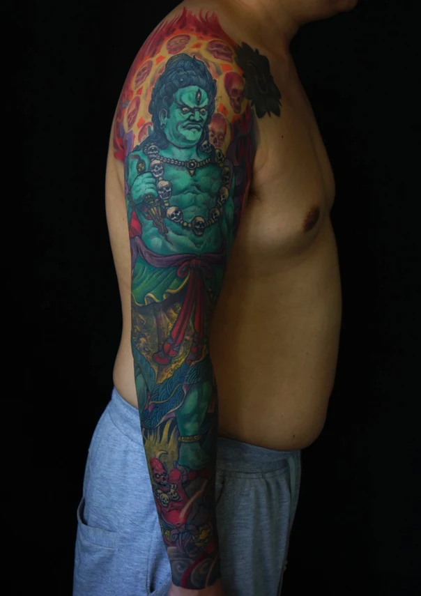 Japanese Demon, Skull tattoo on Full Sleeve
