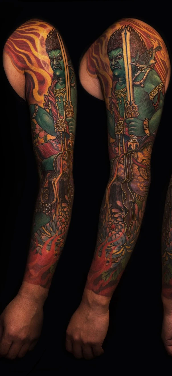 Japanese Buddha, Flowers tattoo on Full Sleeve