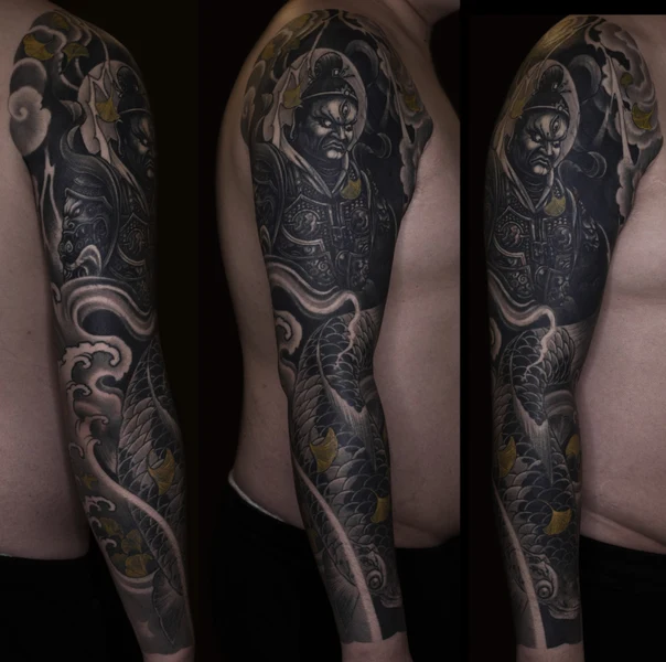 Japanese Koi, Warrior tattoo on Full Sleeve