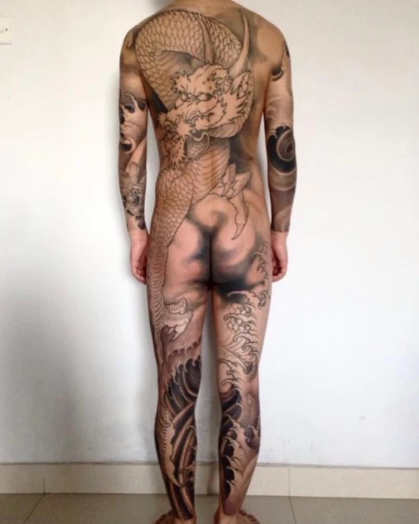 Japanese Dragon, Waves tattoo on Full Back