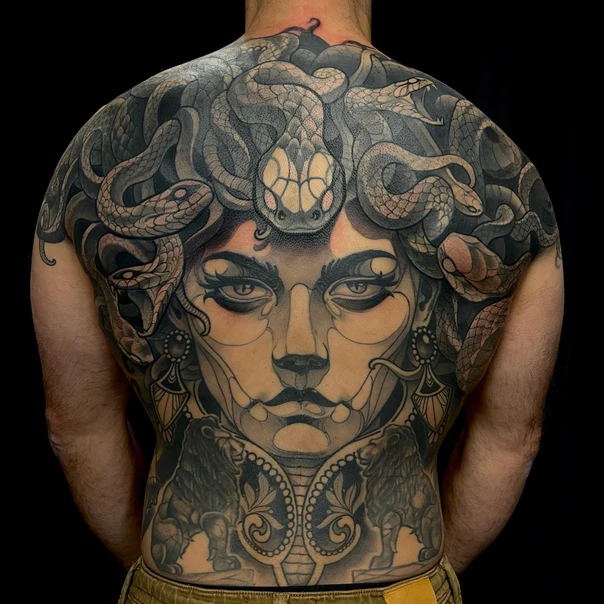 Realism Medusa, Snakes tattoo on Full Back