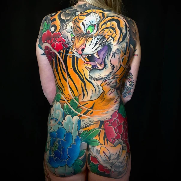 Japanese Tiger, Flowers tattoo on Full Back