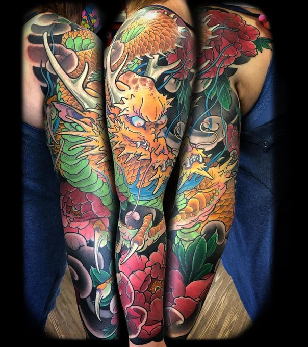 Japanese Dragon, Flowers tattoo on Full Sleeve