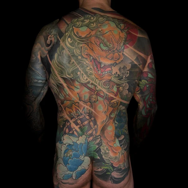 Japanese Lion, Peony tattoo on Full Back