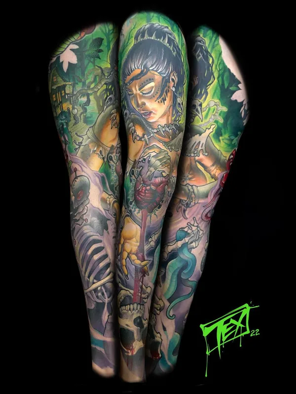 color illustrative tatouage sur full sleeve #64346 | Artiste tatoueur James Tex