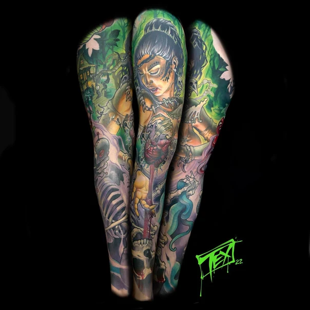 Illustrative Skull, Skeleton tattoo on Full Sleeve