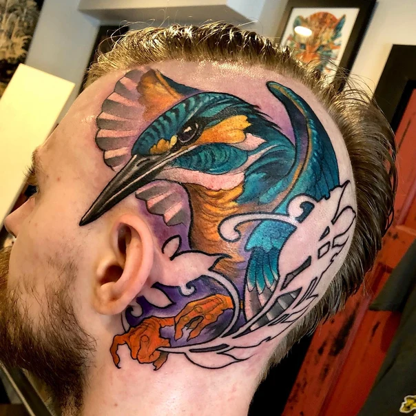 Illustrative Bird, Wave tattoo on Face