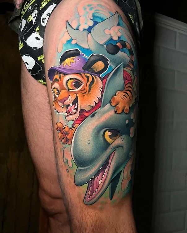 New School Tiger, Dolphin tattoo on Thigh