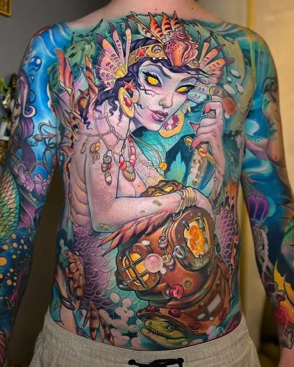 Illustrative Mermaid, Diver tattoo on Full body