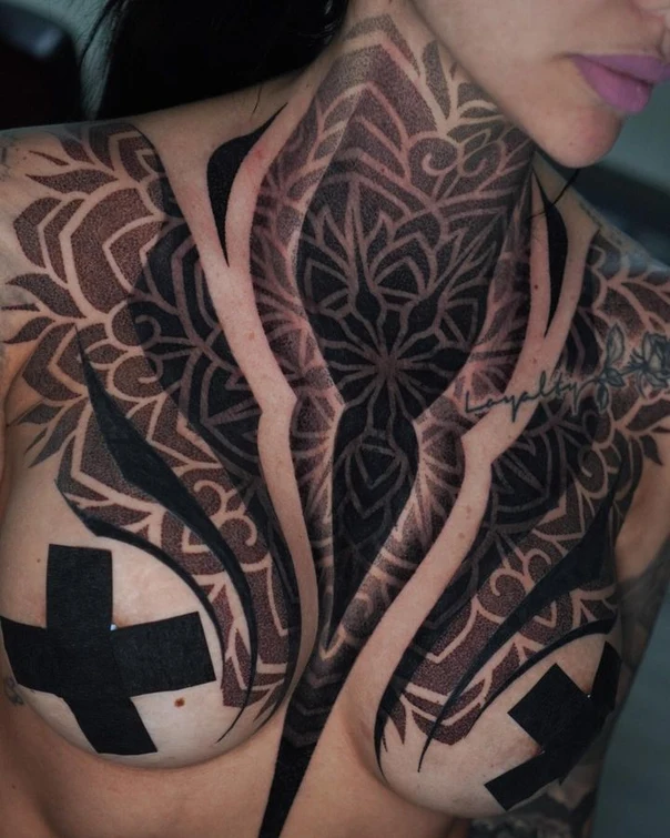 Blackwork Geometric, Floral tattoo on Chest