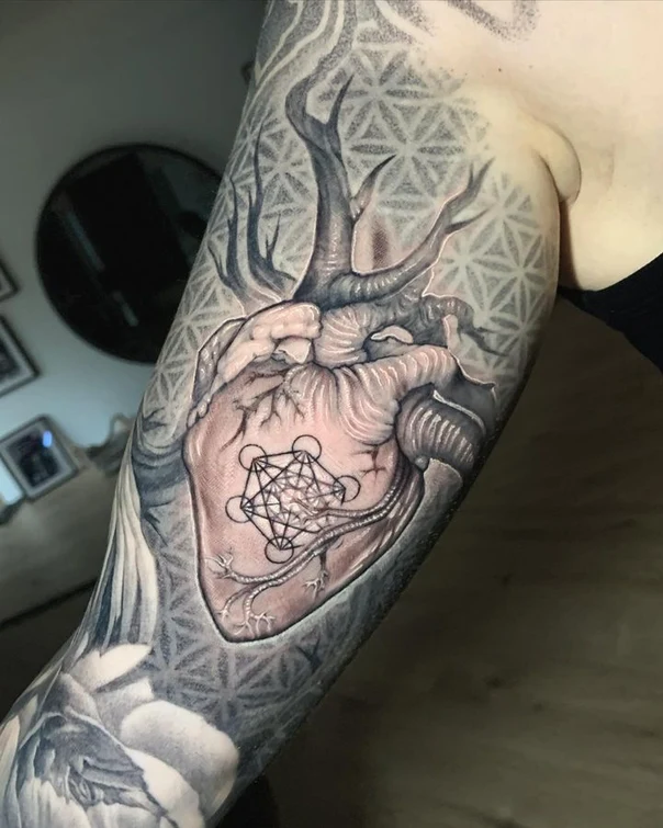 Realism Heart, Sacred geometry tattoo on Full Sleeve