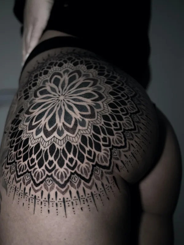 female black ornamental tattoo on thigh #64435 | Tattoo Artist Alex White