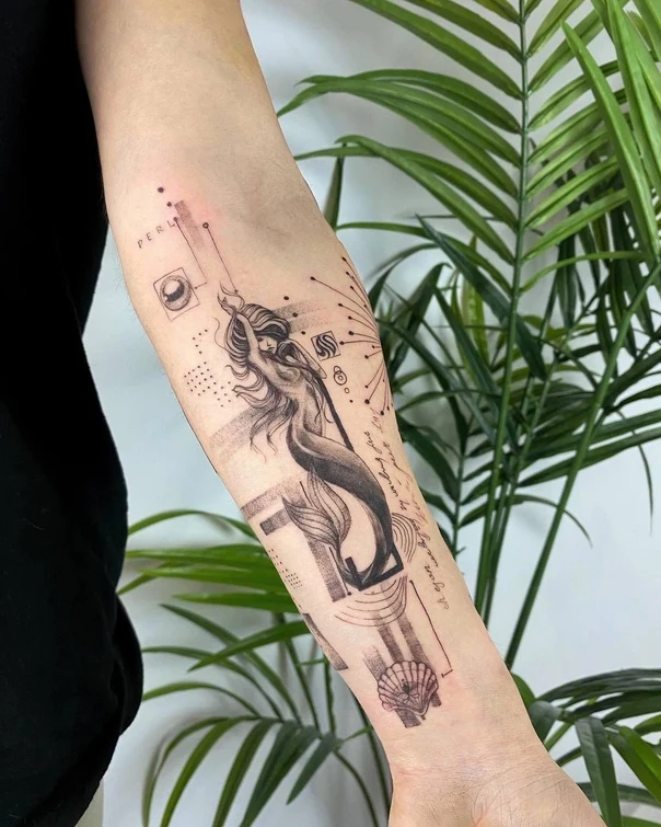Скетч / Набросочная Mermaid, Shell tattoo на Предплечье