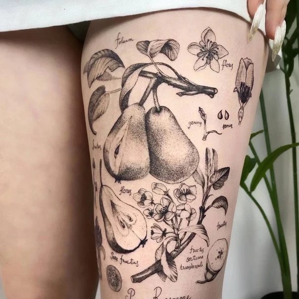 Ботаническая Pear, Flower tattoo на Thigh
