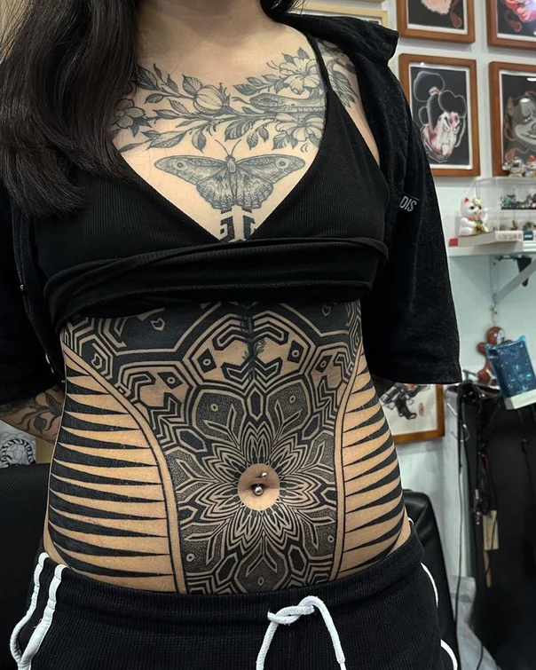 Blackwork Geometric, Floral tattoo on Stomach