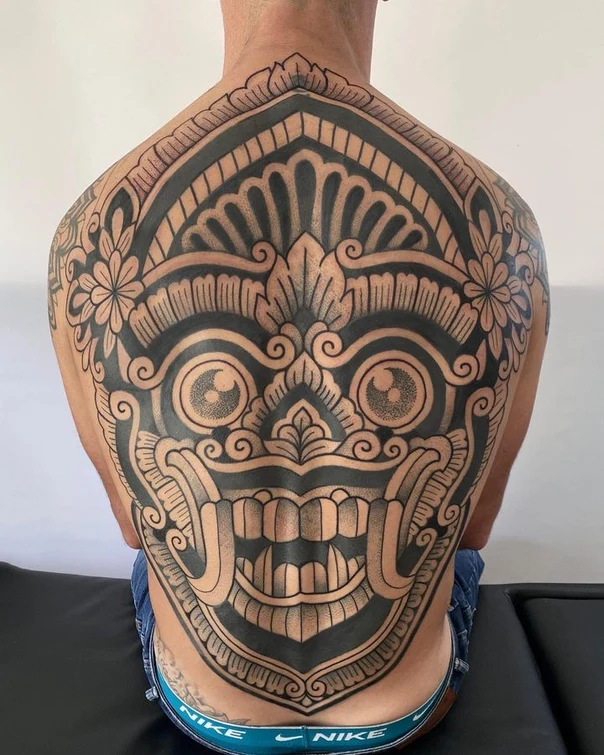 Ornamental Mask, Floral tattoo on Full Back