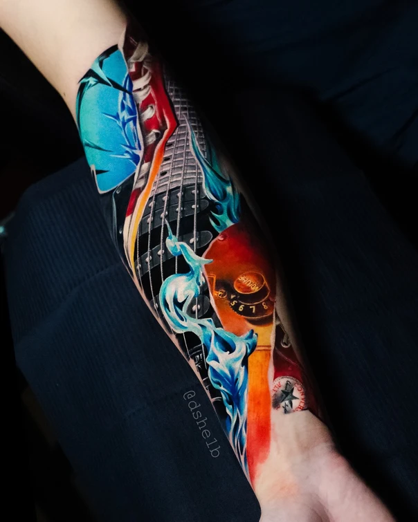 Биомеханика Guitar, Abstract tattoo на Предплечье