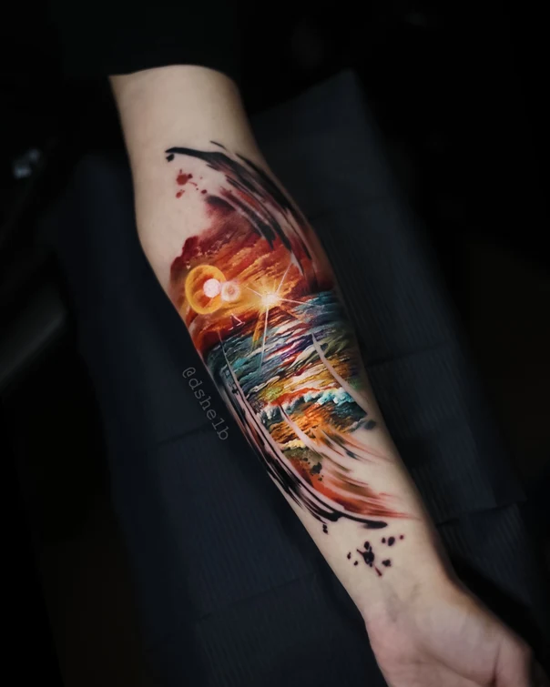 Акварель Sunset, Ocean tattoo на Предплечье