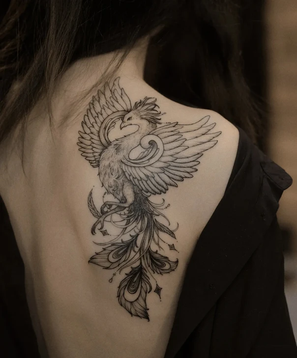Linework Phoenix, Feathers tattoo on Shoulder Blade