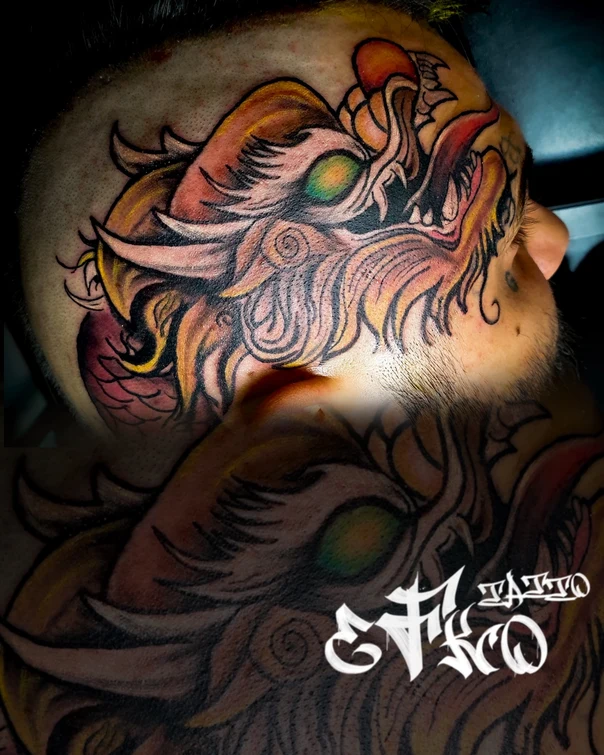 Japanese Dragon, Monster tattoo on Back of neck