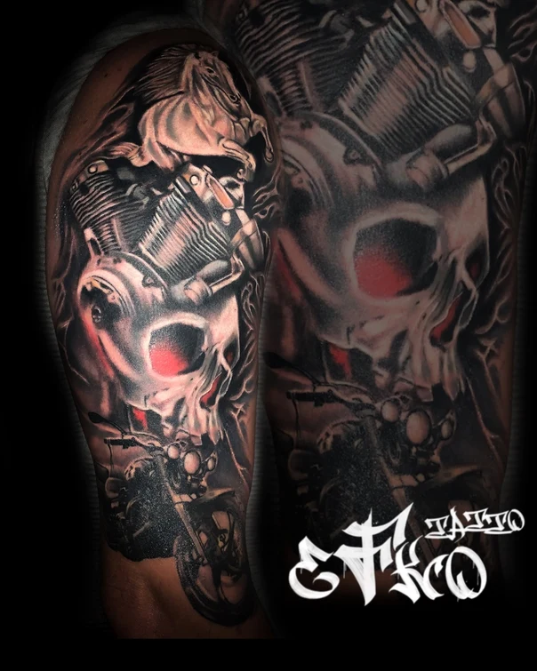 Black & Grey Skull, Motorcycle tattoo on Full Sleeve