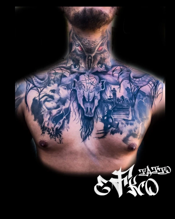 Black & Grey Owl, Skull tattoo on Chest