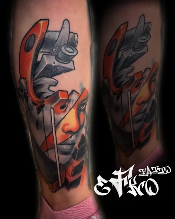 Biomechanical Face, Mechanical tattoo on Calf