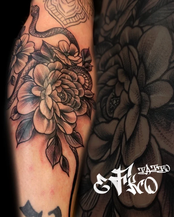 Black & Grey Flowers, Snake tattoo on Forearm