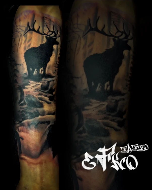 Realism Deer, Forest tattoo on Forearm