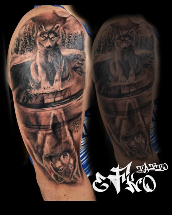 Realism Wolf, Reflection tattoo on Shoulder