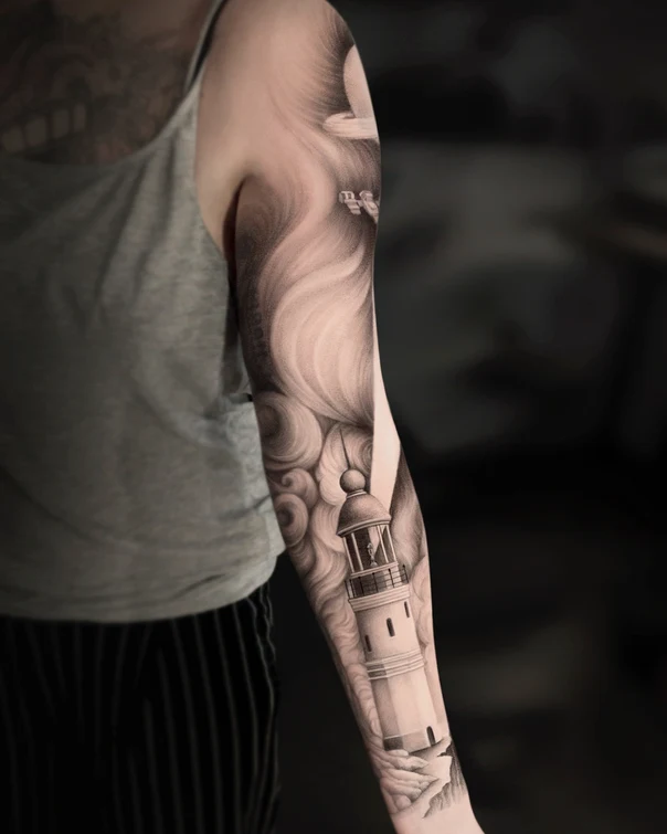 Чёрно-серая Lighthouse, Clouds tattoo на Полный рукав