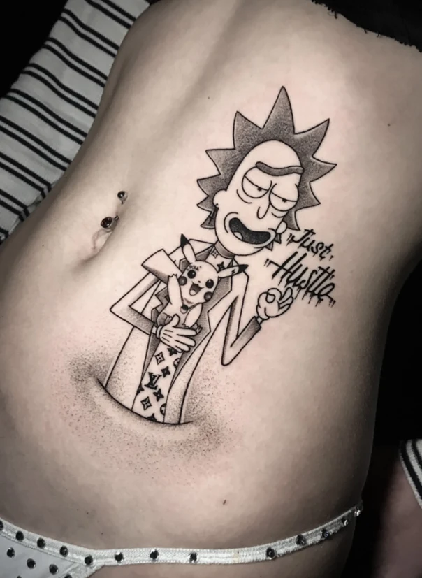 Cartoon Rick and morty, Pikachu tattoo on Stomach