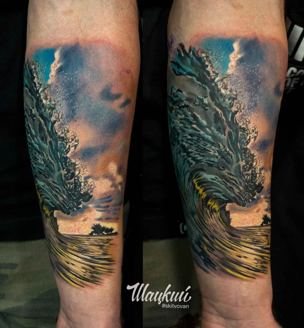 Реализм Wave, Landscape tattoo на Предплечье