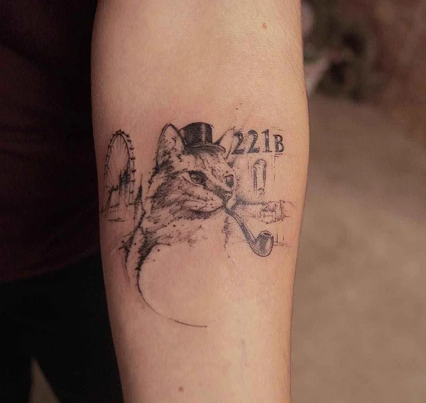 Sketch Cat, Pipe tattoo on Forearm