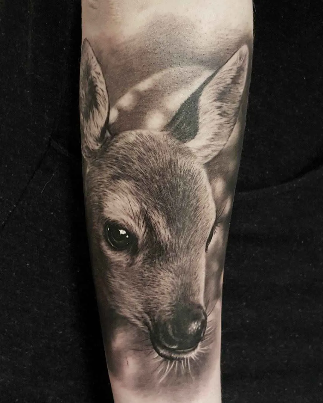 A highly detailed black and grey realistic tattoo of a deer's face, showing intricate shading and fine fur detail.
