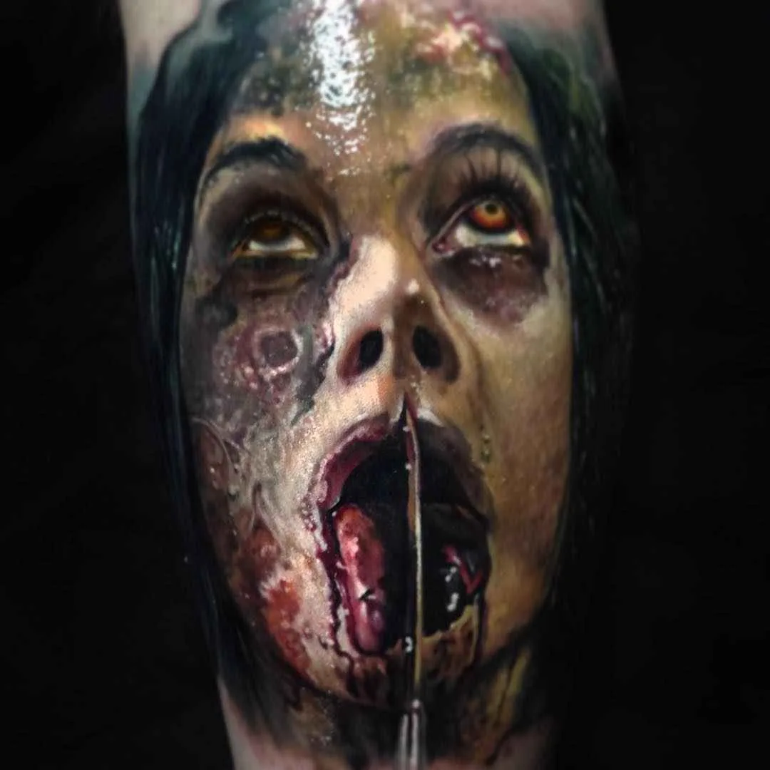 Tattoo artist Paul Acker color horror-realism tattoo