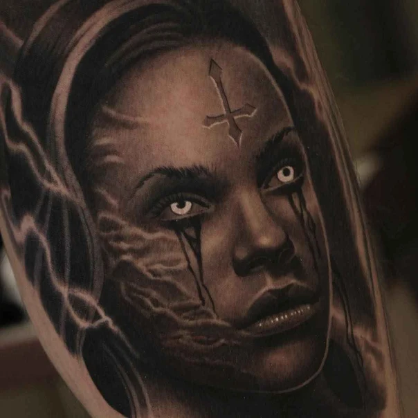Realism Portrait, Cross tattoo on Forearm