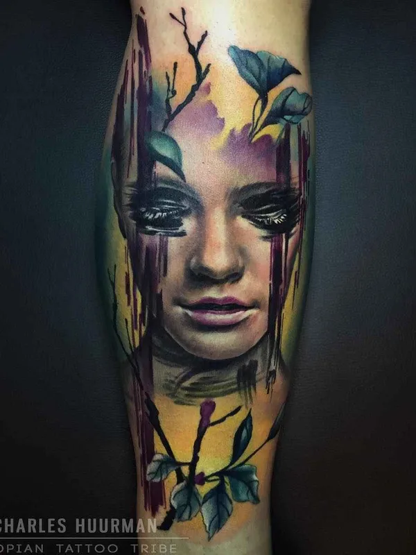 female color realism 纹身 在 calf #9040 | 纹身师 Charles Huurman