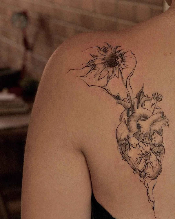 Sketch Heart, Flower tattoo on Shoulder Blade
